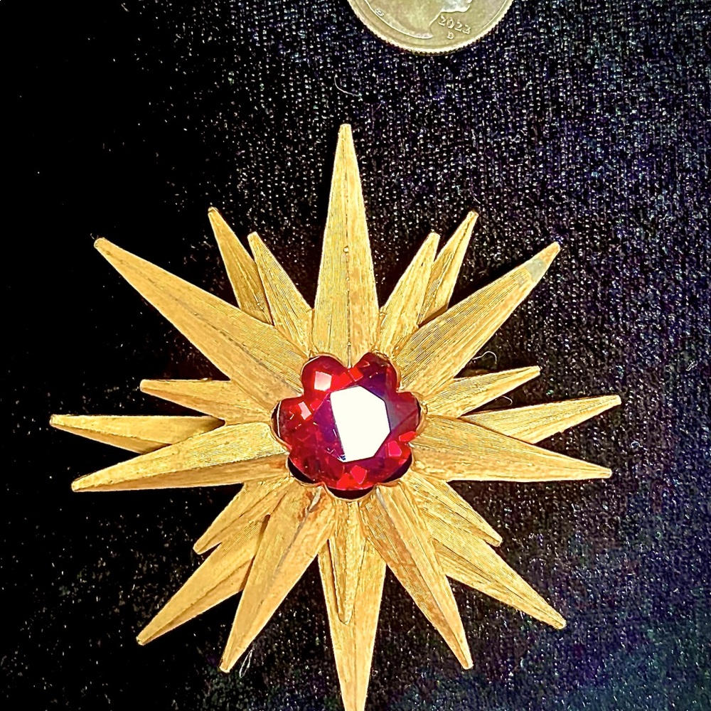 Roger Van S brooch.  Starburst with lg red cut stone